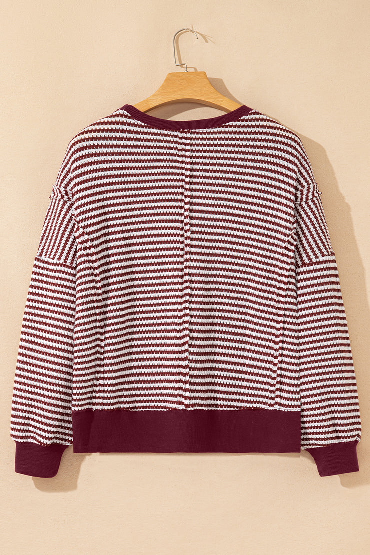 Red Stripe Ribbed Trim Drop Shoulder Long Sleeve Oversize Top