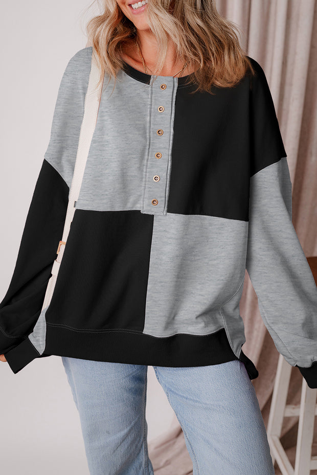 Color black Colorblock Henley High Low Oversize Sweatshirt