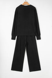 Black Textured Chest Pocket Long Sleeve Top 2Pcs Pants Set