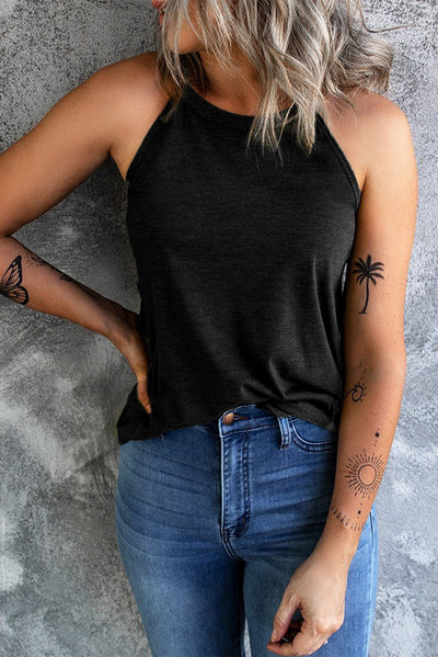 Camiseta sin mangas de cuello redondo en color negro liso