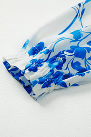 Blue Floral Long Sleeve Lace-up V Neck Blouse