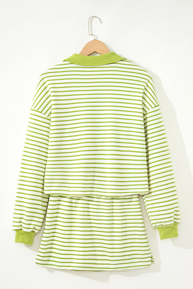 Green Stripe Collared V Neck Drop Shoulder Pullover and Skort 2pcs Outfit