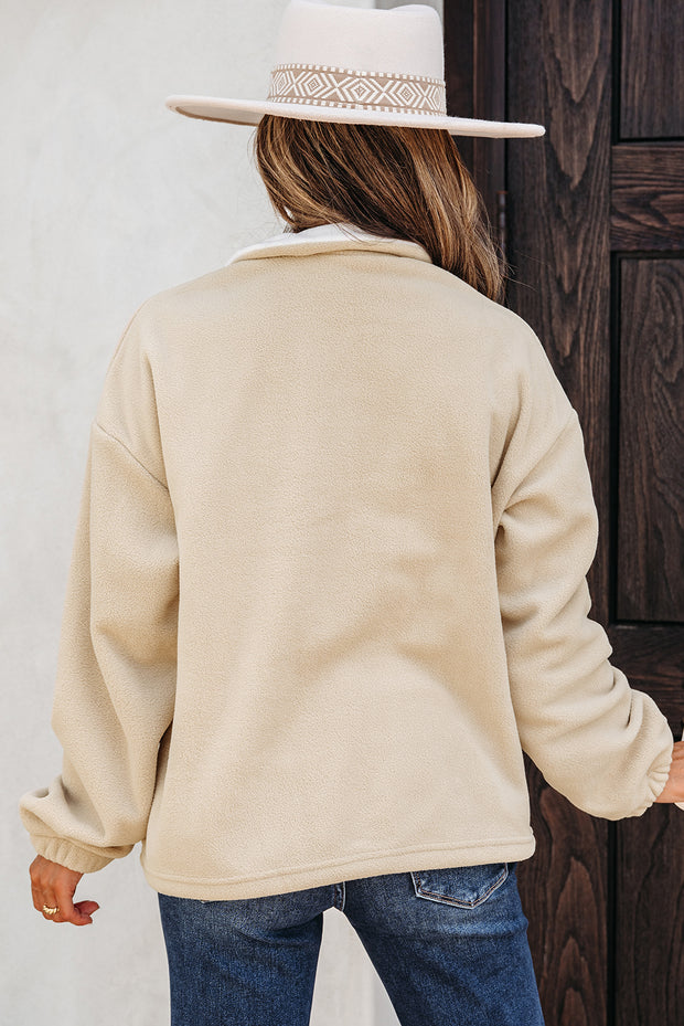 Parchment Fleece Colorblock Patchwork Zipped Neck Pullover Sweatshirt