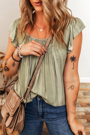 Top sin mangas holgado con cuello redondo fruncido y mangas con volantes a rayas verde laurel