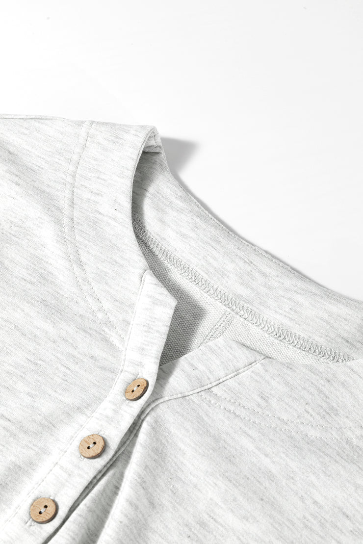 Light Grey Two Tone Contrast Waffle Knit Patched Buttoned V Neck Top