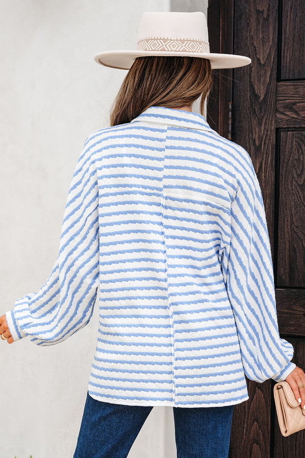 Sky Blue Stripe Half Button Collared Chest Pockets Loose Fit Blouse