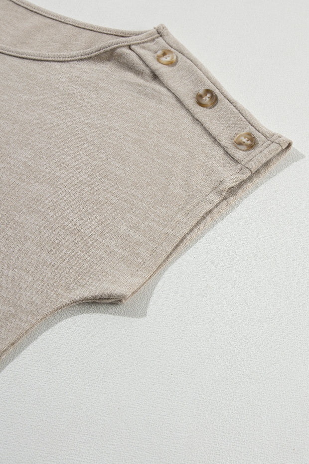 Smoke Gray Button Detail Batwing Sleeve Casual Tee