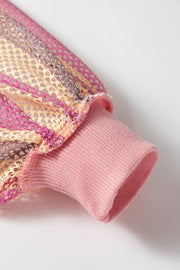 Blossom Striped Mesh Sleeve Patchwork Exposed Seam Casual Pullover Top