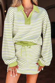Green Stripe Collared V Neck Drop Shoulder Pullover and Skort 2pcs Outfit
