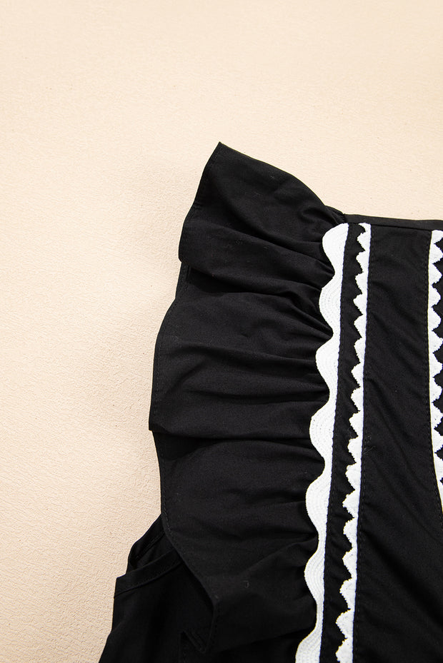 Black Contrast Ricrac Trim Ruffled V Neck Peplum Top