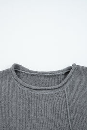 Medium Grey Raw Edge Uneven Hem Patchwork Drop Shoulder Sweater