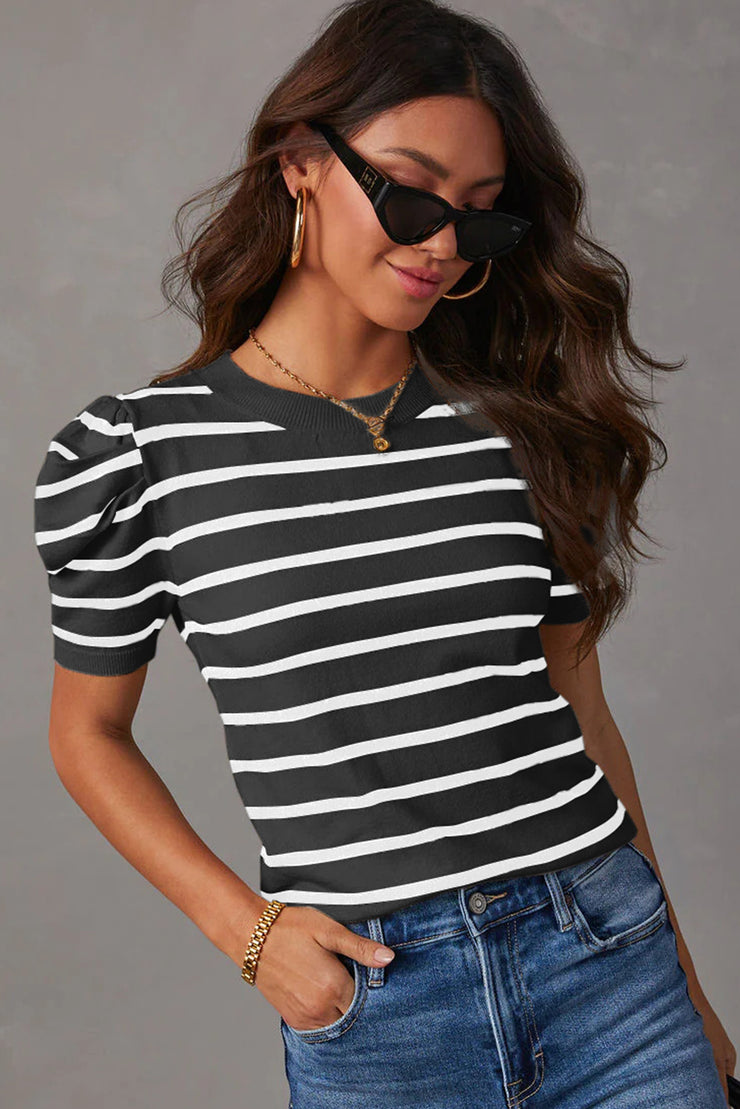 White Stripe Ribbed Trim Round Neck Bubble Sleeve Knitted Top