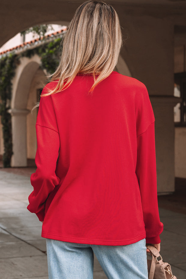 Fiery Red Plaid Frayed Double Christmas Tree Patched Drop Shoulder Sweatshirt