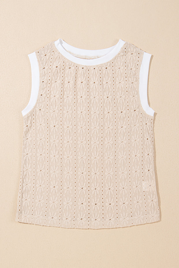 Camiseta sin mangas con cuello redondo y textura floral en color avena