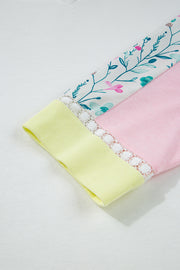 White Floral Colorblock Patchwork Chest Pocket Notched Neck Long Sleeve Top