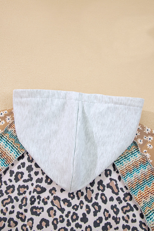 Multicolor Leopard Floral Patchwork Drawstring Hoodie