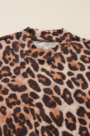 Brown Leopard Mock Neck Long Sleeve Mesh Top