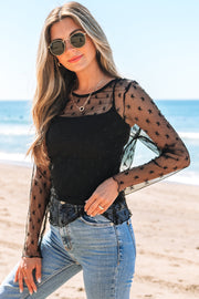 Black Star Print Mesh Sheer Slim Long Sleeve Top