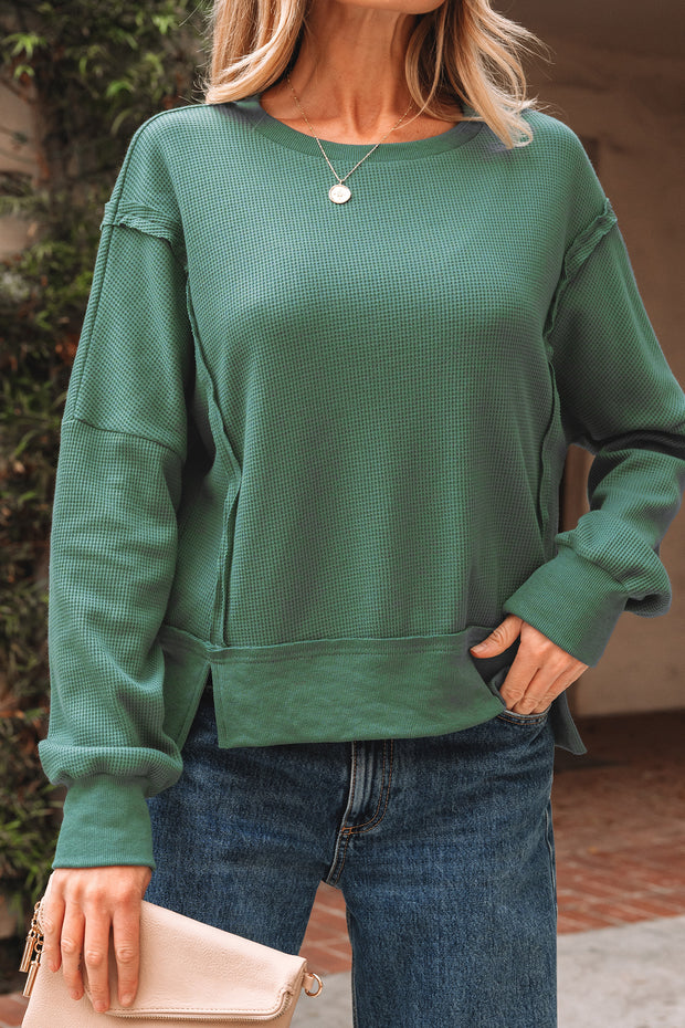 Evergreen Solid Color Raw Seam Patchwork Ribbed Drop Shoulder Sweatshirt