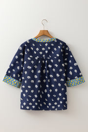 Blue Floral Print Half Sleeve Contrast Trim V Neck Blouse