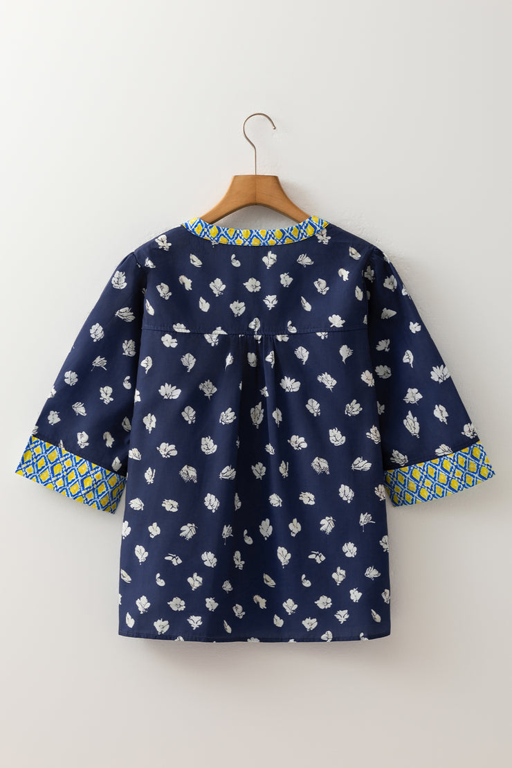 Blue Floral Print Half Sleeve Contrast Trim V Neck Blouse