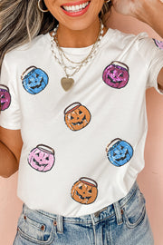 White Sequin Pumpkin Face Patched Crew Neck Holiday T Shirt