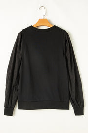 Black Solid Patchwork Sleeve Round Neck Sweatshirt
