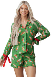 Green Christmas Candy Contrast Trim Bow Knot Silky 2pcs Pajama Set