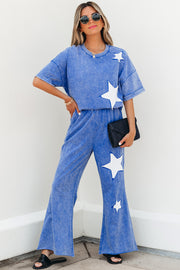 Ashleigh Blue Acid Wash Star Patched Rolled Trim Pants Set