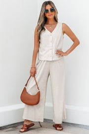 Apricot Buttoned V Neck Tank Top and Wide Leg Pants Casual Outfit