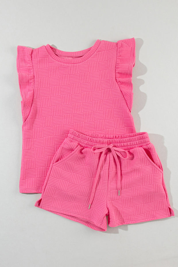 Bonbon Textured Ruffled Sleeve Tee and Drawstring Elastic Waistband Shorts Set