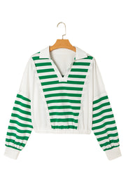 Green Stripe Colorblock Collared V Neck Cropped Knit Pullover