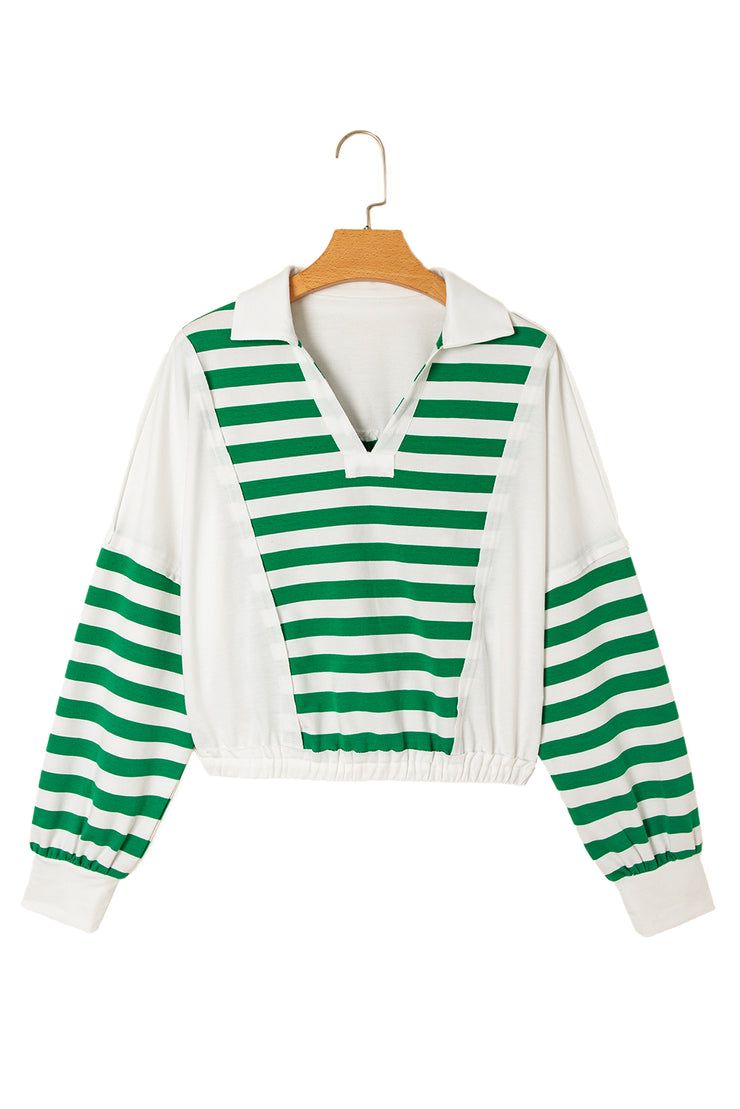 Green Stripe Colorblock Collared V Neck Cropped Knit Pullover
