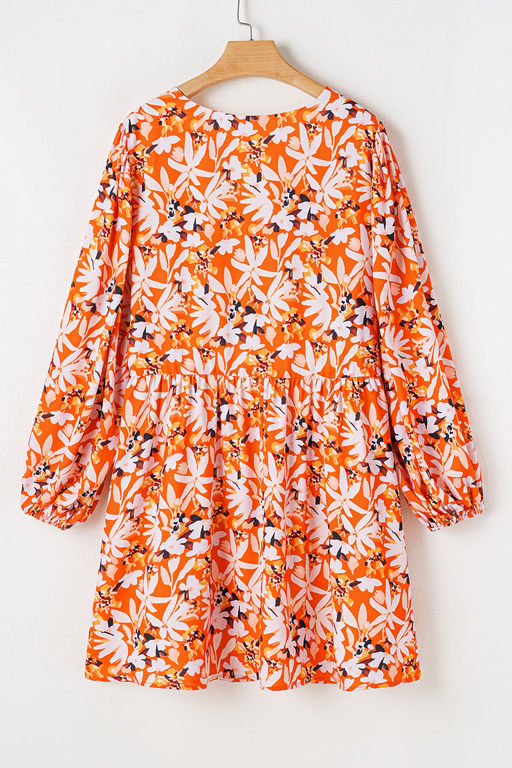 Orange Floral Print Split V Neck Bubble Sleeve Plus Size Midi Dress