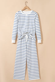 Sail Blue Striped Long Sleeve Top Drawstring Wide Leg Pants 2pcs Outfit