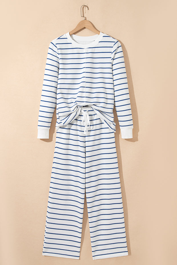 Sail Blue Striped Long Sleeve Top Drawstring Wide Leg Pants 2pcs Outfit