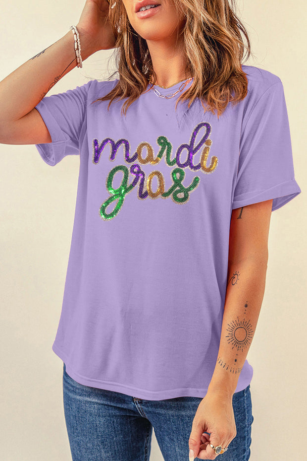 Camiseta gráfica de Mardi Gras con lentejuelas de glicina
