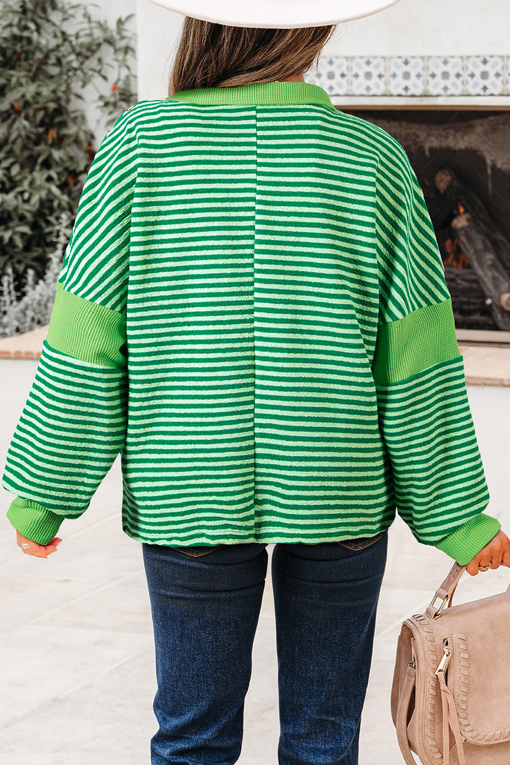 Green Stripe Turn-Down V Neck Patchwork Loose Top