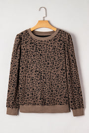 Brown Ribbed Trim Leopard Print Long Sleeve Top
