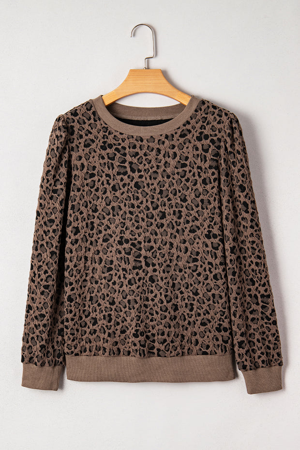 Brown Ribbed Trim Leopard Print Long Sleeve Top