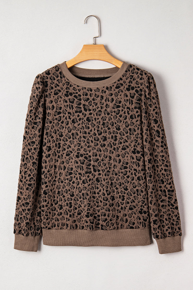 Brown Ribbed Trim Leopard Print Long Sleeve Top