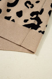 Brown Leopard Pattern Lace Ribbed Detail Button Cuffed Sweater