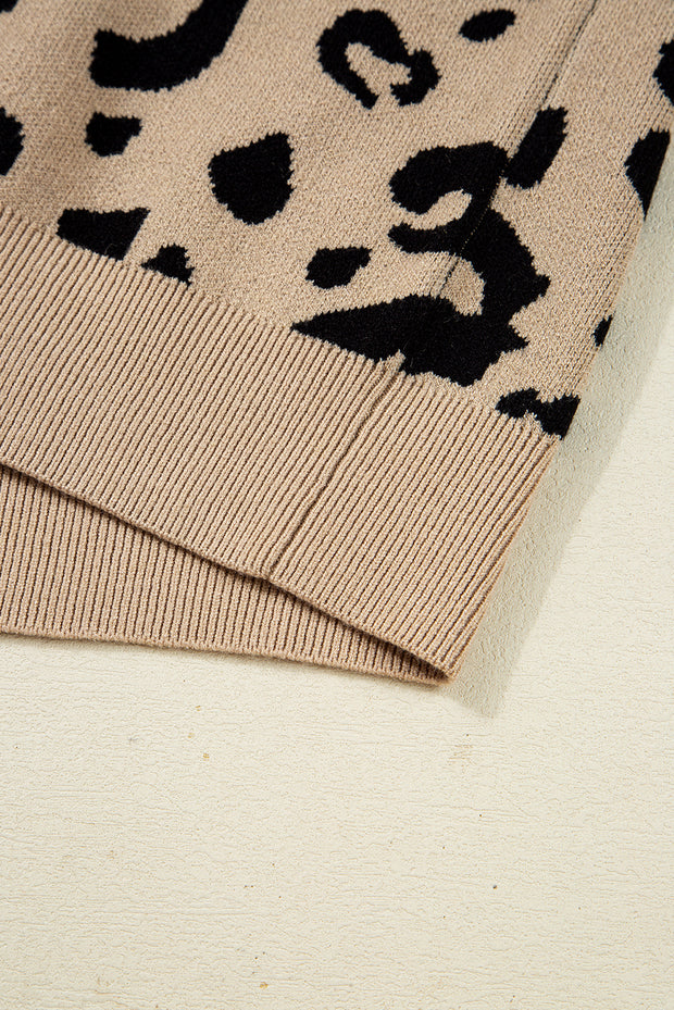 Brown Leopard Pattern Lace Ribbed Detail Button Cuffed Sweater