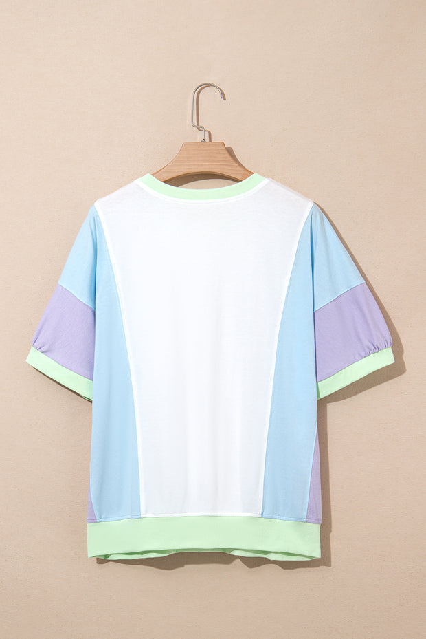 Camiseta oversize de media manga con patchwork y bloques de color blanco