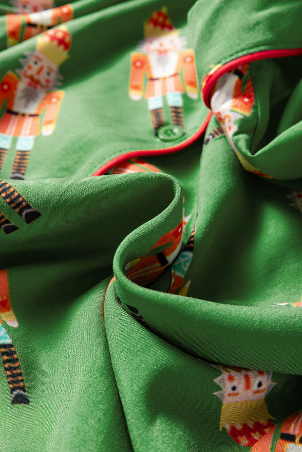 Green Christmas Candy Contrast Trim Bow Knot Silky 2pcs Pajama Set