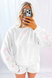 Light Grey Girly Bow Embroidered Detail Puff Sleeve Pullover 2pcs Short Set