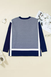 Blue Stripe Color Block Patchwork Dolman Oversize Tunic Sweater