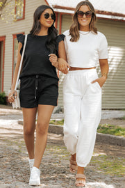 Black Textured Ruffled Sleeve Tee and Drawstring Elastic Waistband Shorts Set