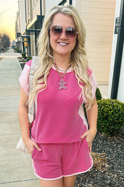 Rose Red 3D Spiral Ribbed Texture 2 Tones Patchwork Short Set