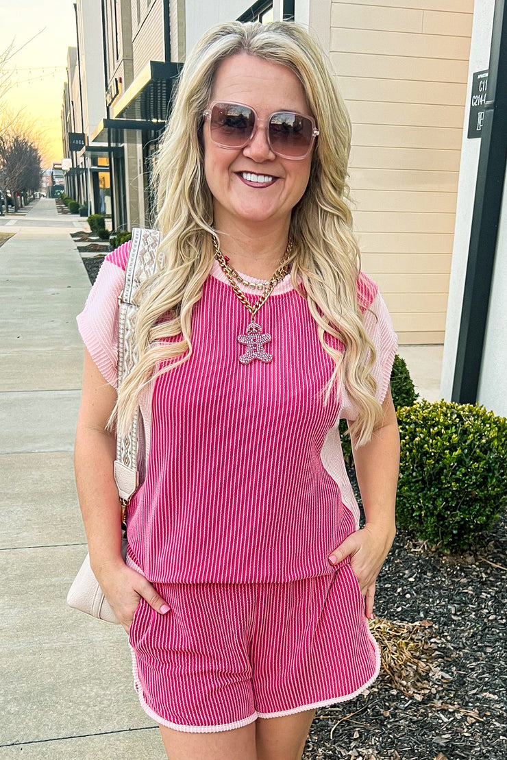 Rose Red 3D Spiral Ribbed Texture 2 Tones Patchwork Short Set